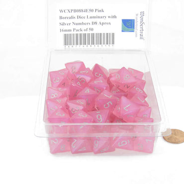 WCXPB0884E50 Pink Borealis Dice Luminary with Silver Numbers D8 Aprox 16mm Pack of 50 (ONLINE ORDER ONLY)