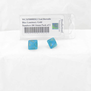 WCXPB0885E2 Teal Borealis Dice Luminary Gold Numbers D8 16mm Pack of 2 (ONLINE ORDER ONLY)