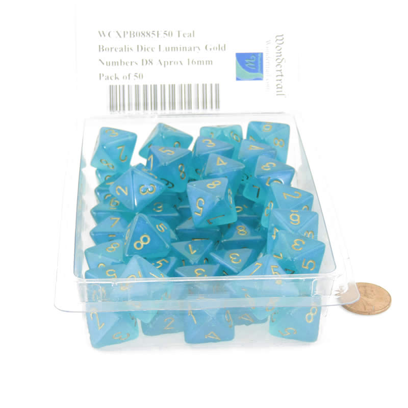 WCXPB0885E50 Teal Borealis Dice Luminary Gold Numbers D8 Aprox 16mm Pack of 50 (ONLINE ORDER ONLY)