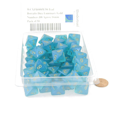 WCXPB0885E50 Teal Borealis Dice Luminary Gold Numbers D8 Aprox 16mm Pack of 50 (ONLINE ORDER ONLY)