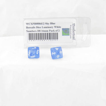 WCXPB0886E2 Sky Blue Borealis Dice Luminary White Numbers D8 16mm Pack of 2 (ONLINE ORDER ONLY)
