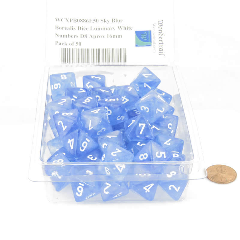 WCXPB0886E50 Sky Blue Borealis Dice Luminary White Numbers D8 Aprox 16mm Pack of 50 (ONLINE ORDER ONLY)