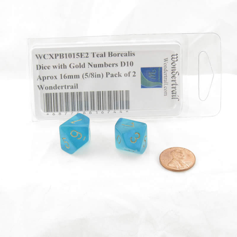 WCXPB1015E2 Teal Borealis Dice with Gold Numbers D10 Aprox 16mm (5/8in) Pack of 2 Wondertrail (ONLINE ORDER ONLY)