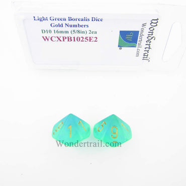 WCXPB1025E2 Light Green Borealis Dice Gold Numbers D10 16mm Pack of 2 (ONLINE ORDER ONLY)
