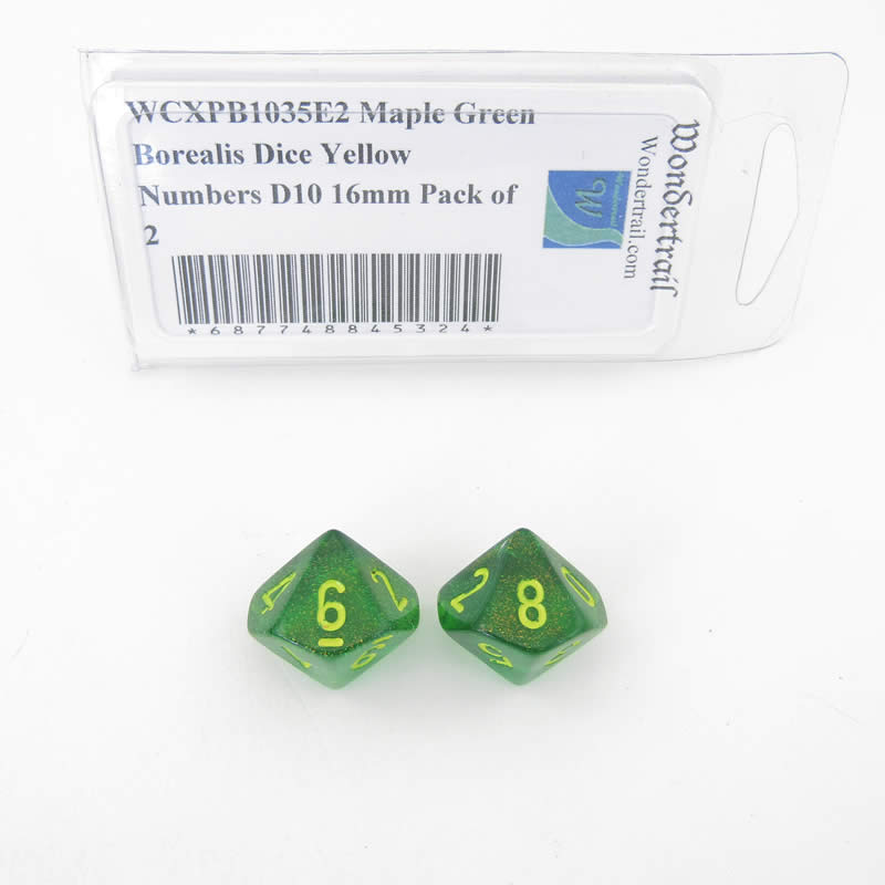 WCXPB1035E2 Maple Green Borealis Dice Yellow Numbers D10 16mm Pack of 2 (ONLINE ORDER ONLY)
