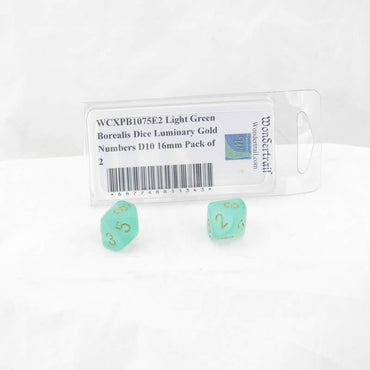 WCXPB1075E2 Light Green Borealis Dice Luminary Gold Numbers D10 16mm Pack of 2 (ONLINE ORDER ONLY)