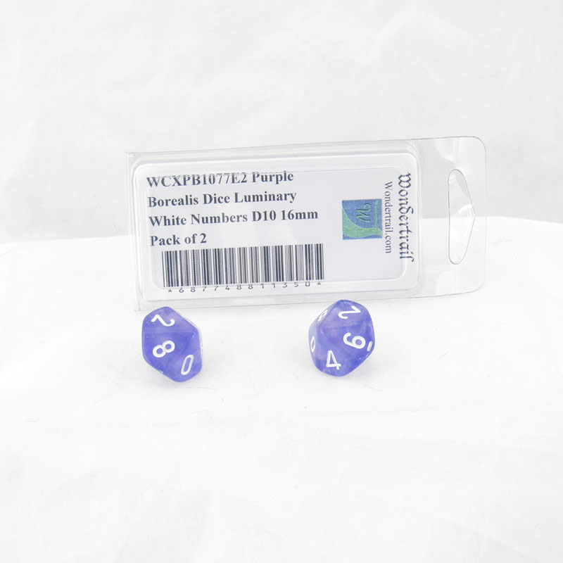 WCXPB1077E2 Purple Borealis Dice Luminary White Numbers D10 16mm Pack of 2 (ONLINE ORDER ONLY)