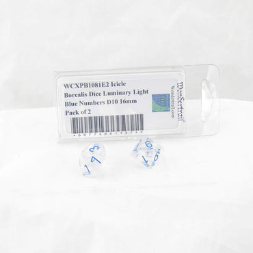 WCXPB1081E2 Icicle Borealis Dice Luminary Light Blue Numbers D10 16mm Pack of 2 (ONLINE ORDER ONLY)
