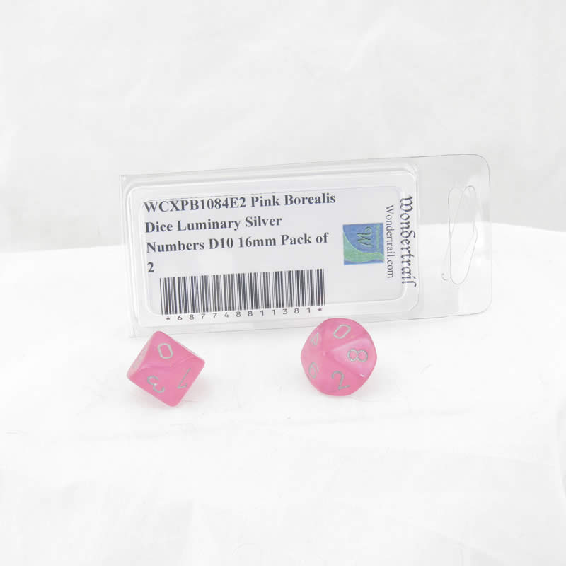 WCXPB1084E2 Pink Borealis Dice Luminary Silver Numbers D10 16mm Pack of 2 (ONLINE ORDER ONLY)