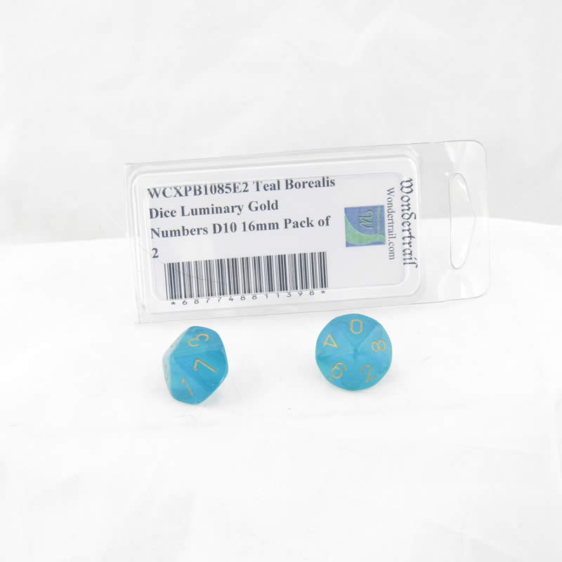 WCXPB1085E2 Teal Borealis Dice Luminary Gold Numbers D10 16mm Pack of 2 (ONLINE ORDER ONLY)