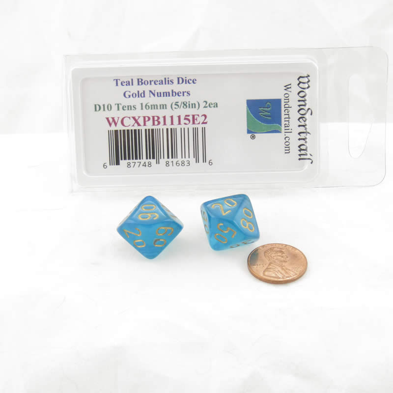 WCXPB1115E2 Teal Borealis Dice Gold Numbers D10 Tens 16mm Pack of 2 (ONLINE ORDER ONLY)