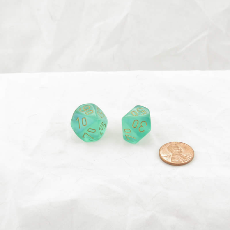 WCXPB1125E2 Light Green Borealis Dice Gold Numbers D10 Tens 16mm Pack of 2 (ONLINE ORDER ONLY)