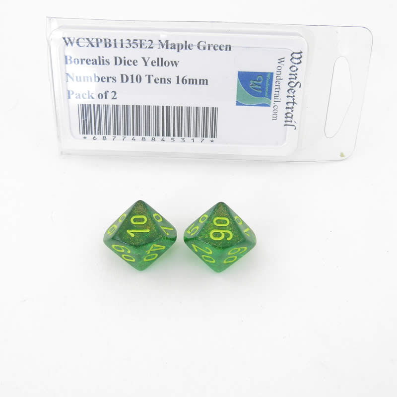 WCXPB1135E2 Maple Green Borealis Dice Yellow Numbers D10 Tens 16mm Pack of 2 (ONLINE ORDER ONLY)
