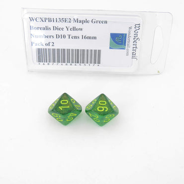 WCXPB1135E2 Maple Green Borealis Dice Yellow Numbers D10 Tens 16mm Pack of 2 (ONLINE ORDER ONLY)