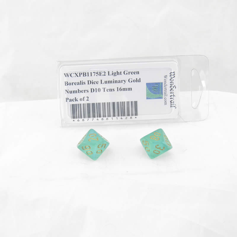 WCXPB1175E2 Light Green Borealis Dice Luminary Gold Numbers D10 Tens 16mm Pack of 2 (ONLINE ORDER ONLY)