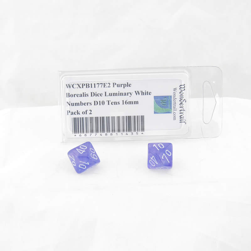 WCXPB1177E2 Purple Borealis Dice Luminary White Numbers D10 Tens 16mm Pack of 2 (ONLINE ORDER ONLY)
