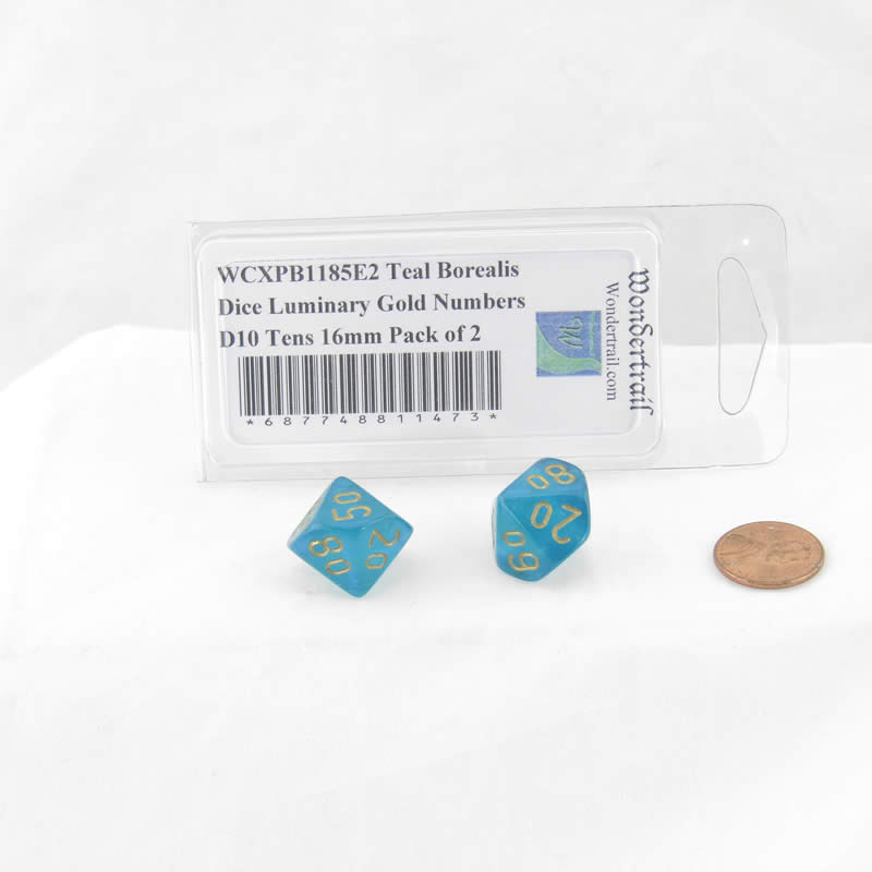 WCXPB1185E2 Teal Borealis Dice Luminary Gold Numbers D10 Tens 16mm Pack of 2 (ONLINE ORDER ONLY)