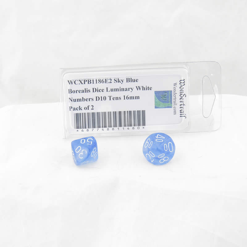 WCXPB1186E2 Sky Blue Borealis Dice Luminary White Numbers D10 Tens 16mm Pack of 2 (ONLINE ORDER ONLY)
