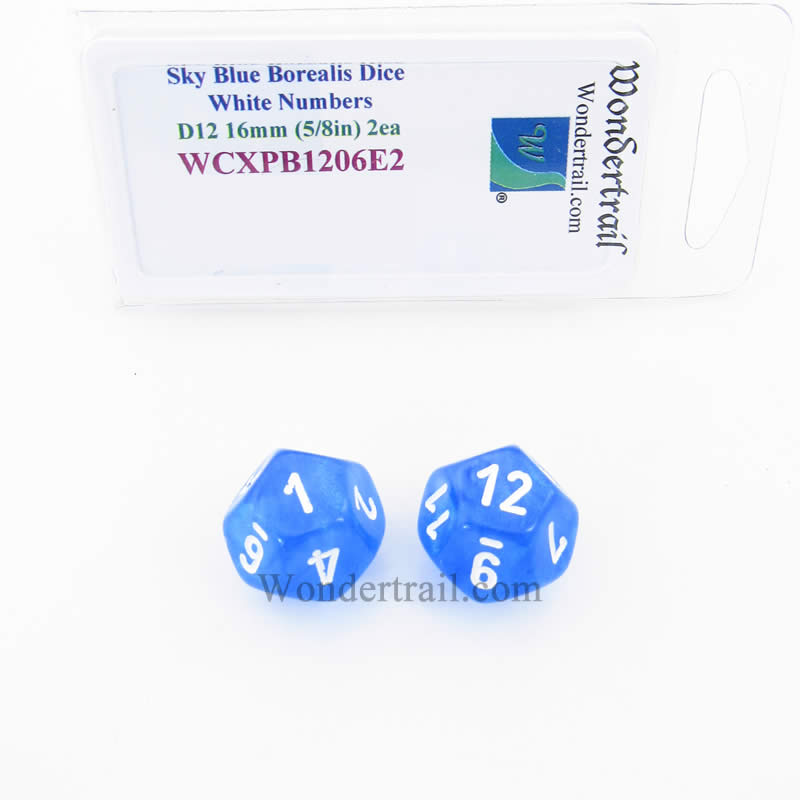 WCXPB1206E2 Sky Blue Borealis Dice White Numbers D12 16mm Pack of 2 (ONLINE ORDER ONLY)