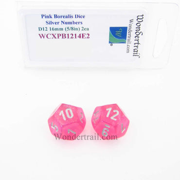 WCXPB1214E2 Pink Borealis Dice Silver Numbers D12 16mm Pack of 2 (ONLINE ORDER ONLY)