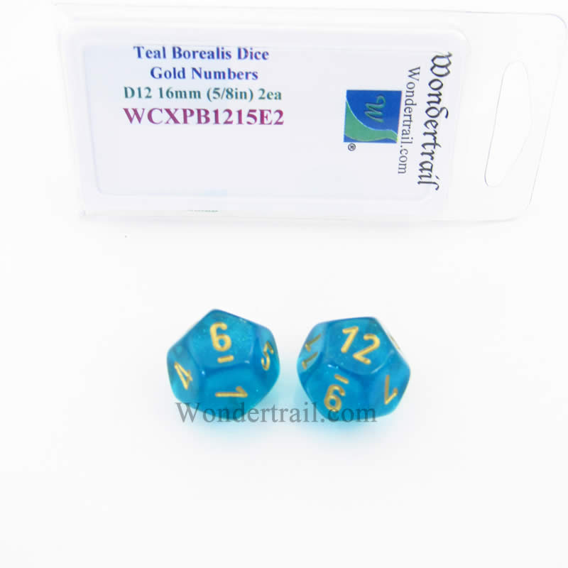 WCXPB1215E2 Teal Borealis Dice Gold Numbers D12 16mm Pack of 2 (ONLINE ORDER ONLY)