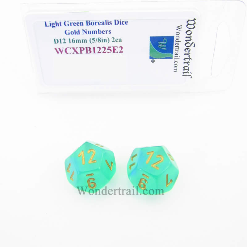 WCXPB1225E2 Light Green Borealis Dice Gold Numbers D12 16mm Pack of 2 (ONLINE ORDER ONLY)
