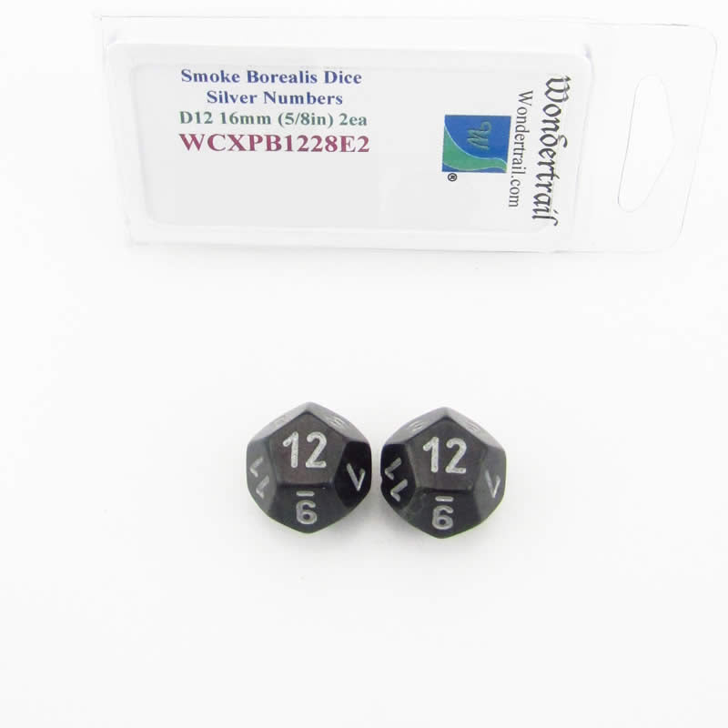 WCXPB1228E2 Smoke Borealis Dice Silver Numbers D12 16mm Pack of 2 (ONLINE ORDER ONLY)