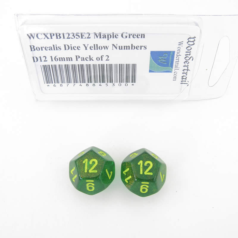WCXPB1235E2 Maple Green Borealis Dice Yellow Numbers D12 16mm Pack of 2 (ONLINE ORDER ONLY)