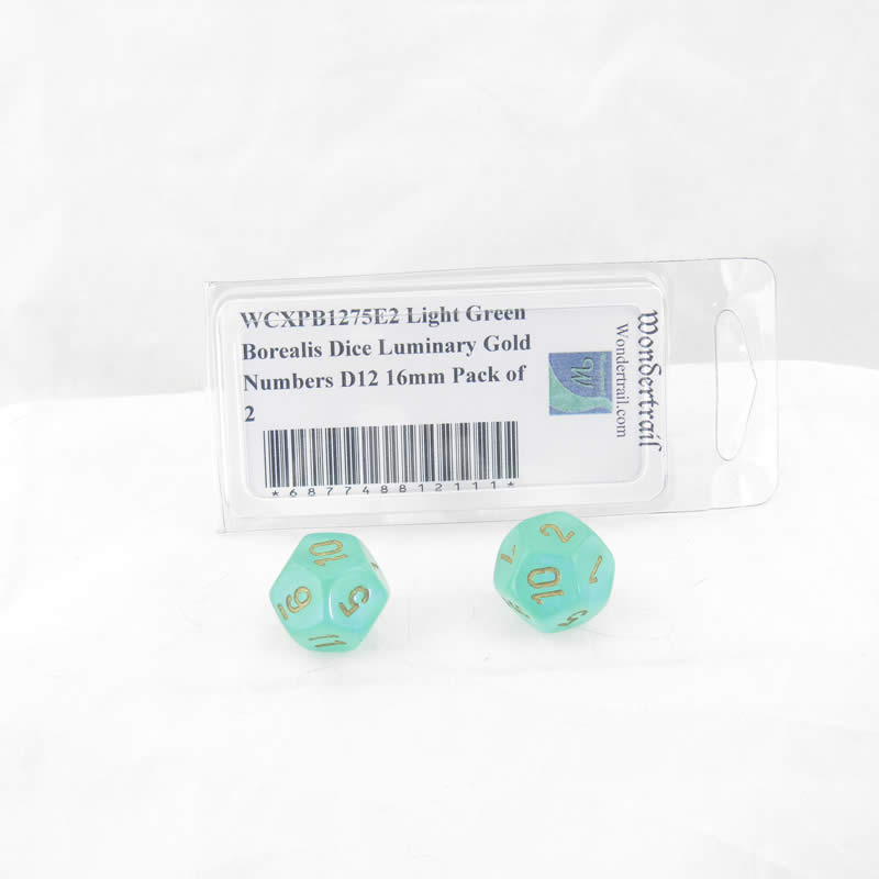 WCXPB1275E2 Light Green Borealis Dice Luminary Gold Numbers D12 16mm Pack of 2 (ONLINE ORDER ONLY)