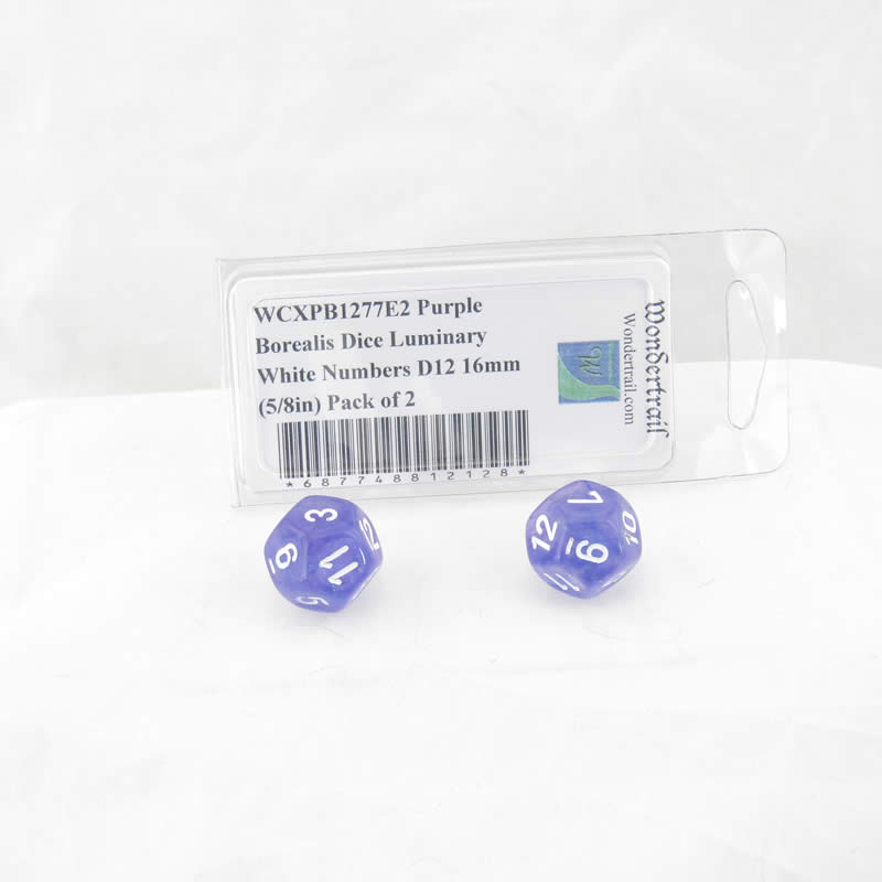 WCXPB1277E2 Purple Borealis Dice Luminary White Numbers D12 16mm (5/8in) Pack of 2 (ONLINE ORDER ONLY)