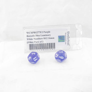 WCXPB1277E2 Purple Borealis Dice Luminary White Numbers D12 16mm (5/8in) Pack of 2 (ONLINE ORDER ONLY)