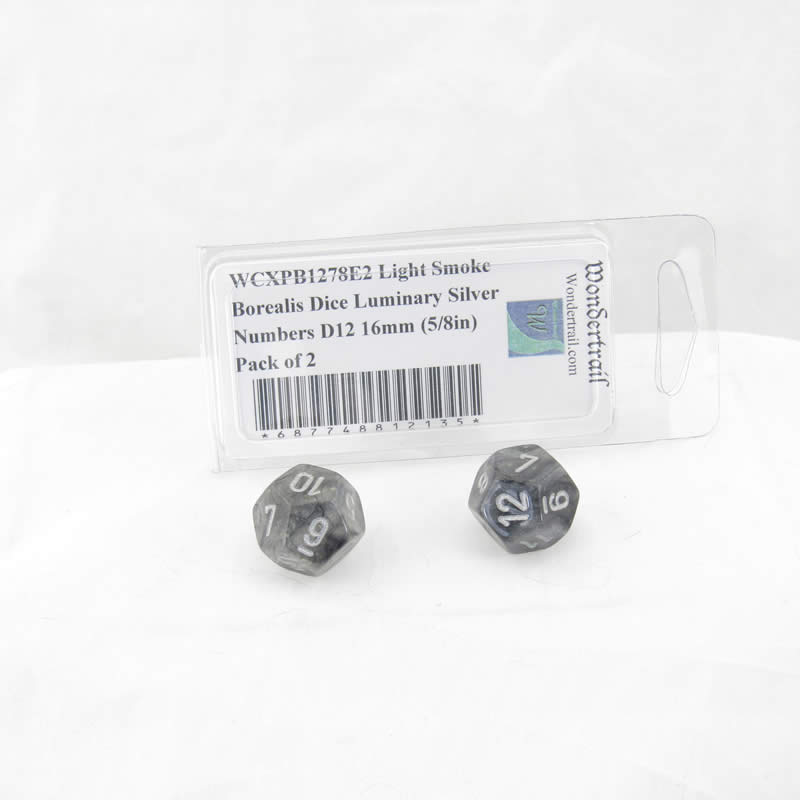 WCXPB1278E2 Light Smoke Borealis Dice Luminary Silver Numbers D12 16mm (5/8in) Pack of 2 (ONLINE ORDER ONLY)