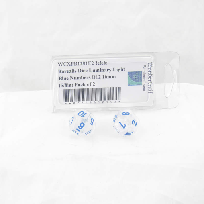 WCXPB1281E2 Icicle Borealis Dice Luminary Light Blue Numbers D12 16mm (5/8in) Pack of 2 (ONLINE ORDER ONLY)