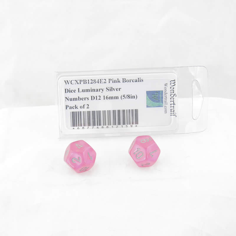 WCXPB1284E2 Pink Borealis Dice Luminary Silver Numbers D12 16mm (5/8in) Pack of 2 (ONLINE ORDER ONLY)