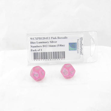WCXPB1284E2 Pink Borealis Dice Luminary Silver Numbers D12 16mm (5/8in) Pack of 2 (ONLINE ORDER ONLY)