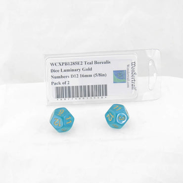 WCXPB1285E2 Teal Borealis Dice Luminary Gold Numbers D12 16mm (5/8in) Pack of 2 (ONLINE ORDER ONLY)
