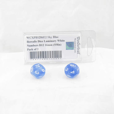 WCXPB1286E2 Sky Blue Borealis Dice Luminary White Numbers D12 16mm (5/8in) Pack of 2 (ONLINE ORDER ONLY)