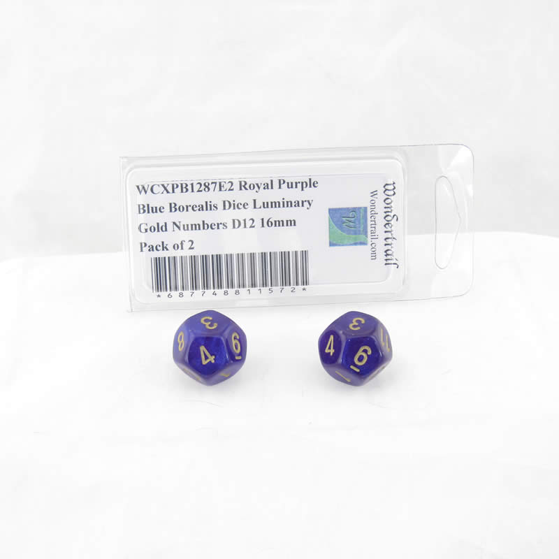 WCXPB1287E2 Royal Purple Blue Borealis Dice Luminary Gold Numbers D12 16mm Pack of 2 (ONLINE ORDER ONLY)