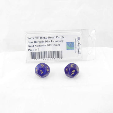 WCXPB1287E2 Royal Purple Blue Borealis Dice Luminary Gold Numbers D12 16mm Pack of 2 (ONLINE ORDER ONLY)