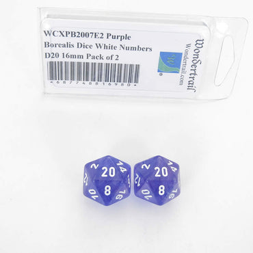 WCXPB2007E2 Purple Borealis Dice White Numbers D20 16mm Pack of 2 (ONLINE ORDER ONLY)