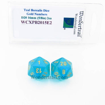 WCXPB2015E2 Teal Borealis Dice Gold Numbers D20 16mm Pack of 2 (ONLINE ORDER ONLY)