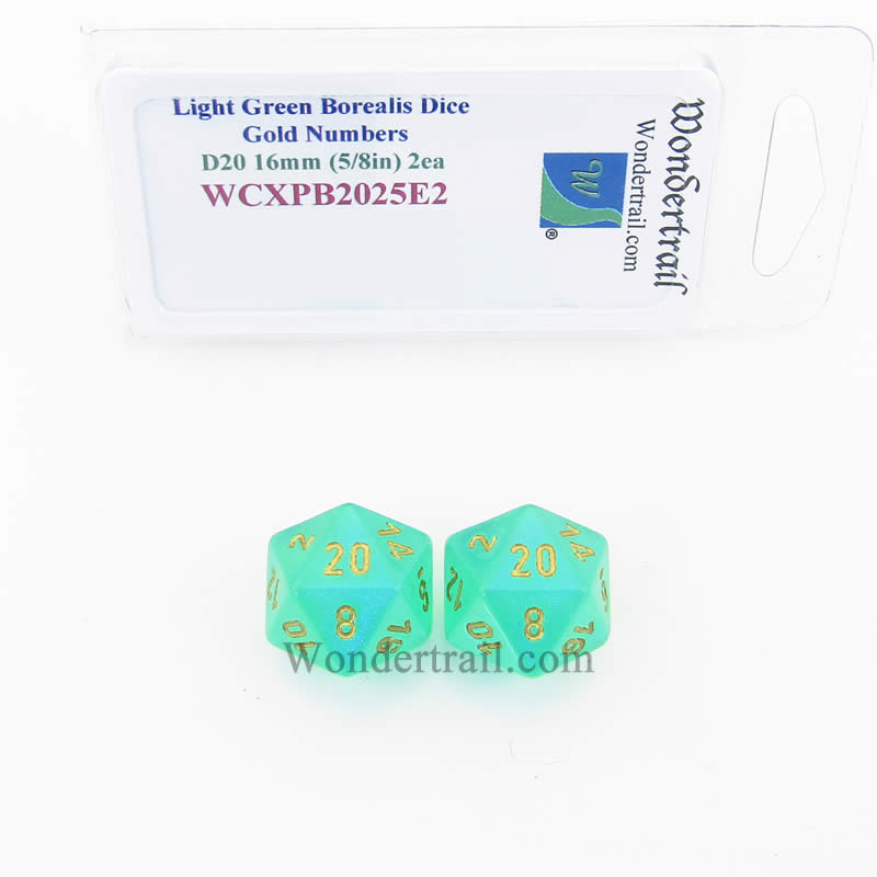 WCXPB2025E2 Light Green Borealis Dice Gold Numbers D20 16mm Pack of 2 (ONLINE ORDER ONLY)