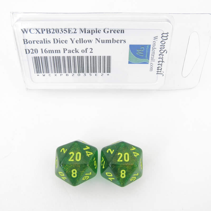 WCXPB2035E2 Maple Green Borealis Dice Yellow Numbers D20 16mm Pack of 2 (ONLINE ORDER ONLY)