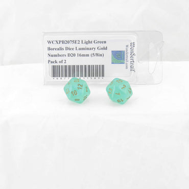 WCXPB2075E2 Light Green Borealis Dice Luminary Gold Numbers D20 16mm (5/8in) Pack of 2 (ONLINE ORDER ONLY)