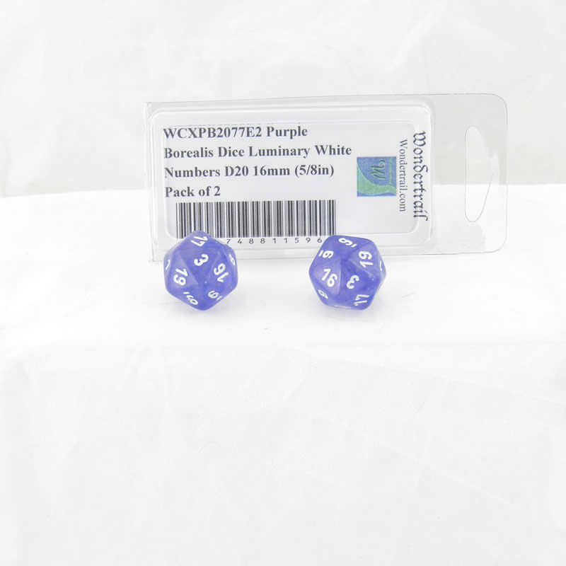 WCXPB2077E2 Purple Borealis Dice Luminary White Numbers D20 16mm (5/8in) Pack of 2 (ONLINE ORDER ONLY)