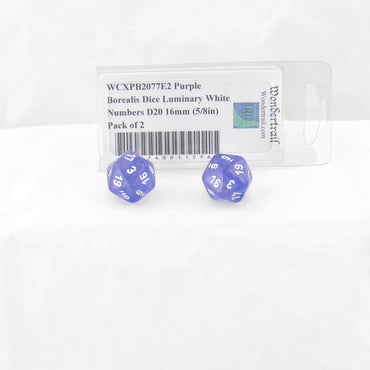 WCXPB2077E2 Purple Borealis Dice Luminary White Numbers D20 16mm (5/8in) Pack of 2 (ONLINE ORDER ONLY)