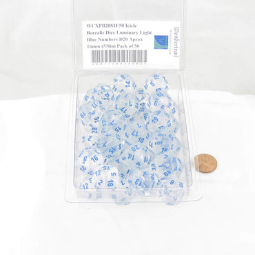 WCXPB2081E50 Icicle Borealis Dice Luminary Light Blue Numbers D20 Aprox 16mm (5/8in) Pack of 50 (ONLINE ORDER ONLY)