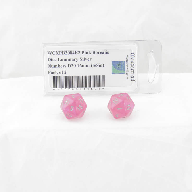 WCXPB2084E2 Pink Borealis Dice Luminary Silver Numbers D20 16mm (5/8in) Pack of 2 (ONLINE ORDER ONLY)