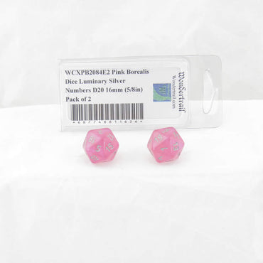 WCXPB2084E2 Pink Borealis Dice Luminary Silver Numbers D20 16mm (5/8in) Pack of 2 (ONLINE ORDER ONLY)