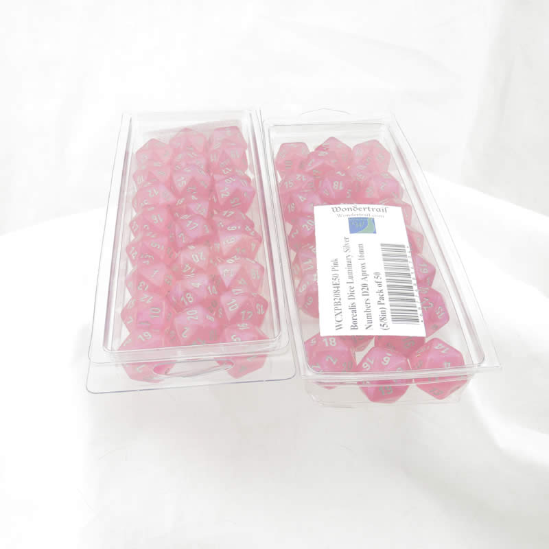 WCXPB2084E50 Pink Borealis Dice Luminary Silver Numbers D20 Aprox 16mm (5/8in) Pack of 50 (ONLINE ORDER ONLY)